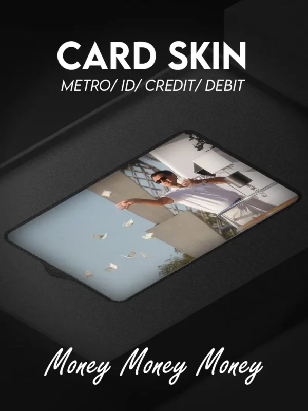 Custom aesthetic card skin designed for credit cards, debit cards, metro cards, and ID cards, featuring a premium finish and durable vinyl material that protects against scratches and wear while adding a stylish, minimalist and expressive look to everyday essentials.