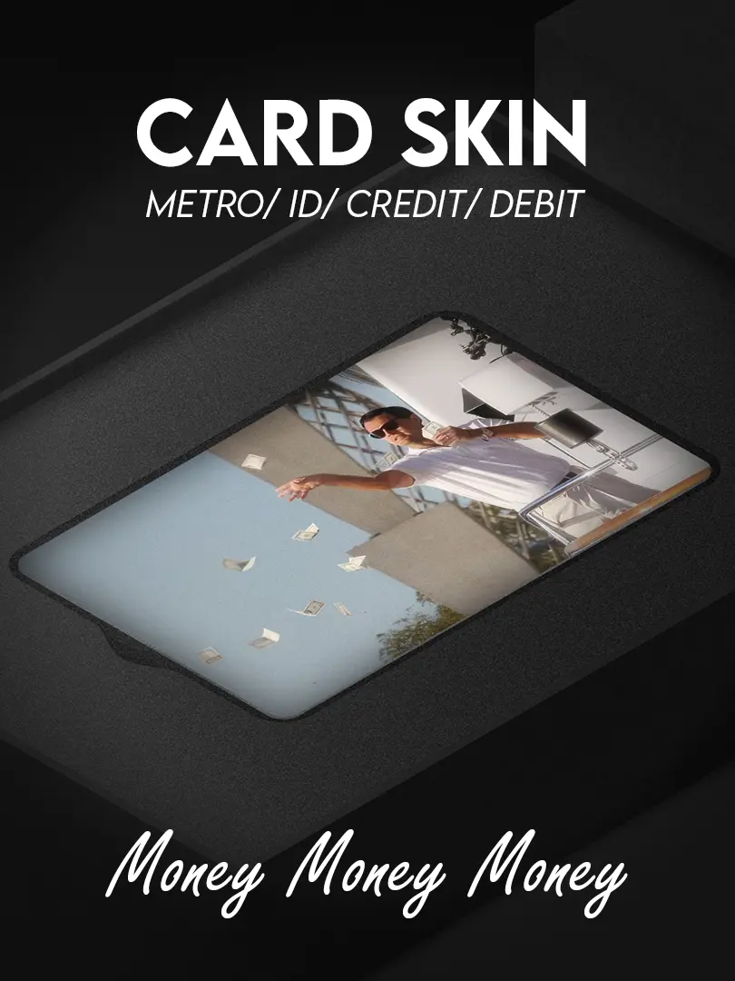 Custom aesthetic card skin designed for credit cards, debit cards, metro cards, and ID cards, featuring a premium finish and durable vinyl material that protects against scratches and wear while adding a stylish, minimalist and expressive look to everyday essentials.